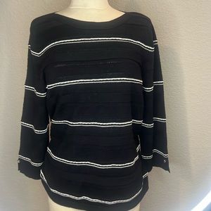 Liz Claiborne Striped Knit 3/4 Sleeve Sweater Women’s Large Ruched sides.black